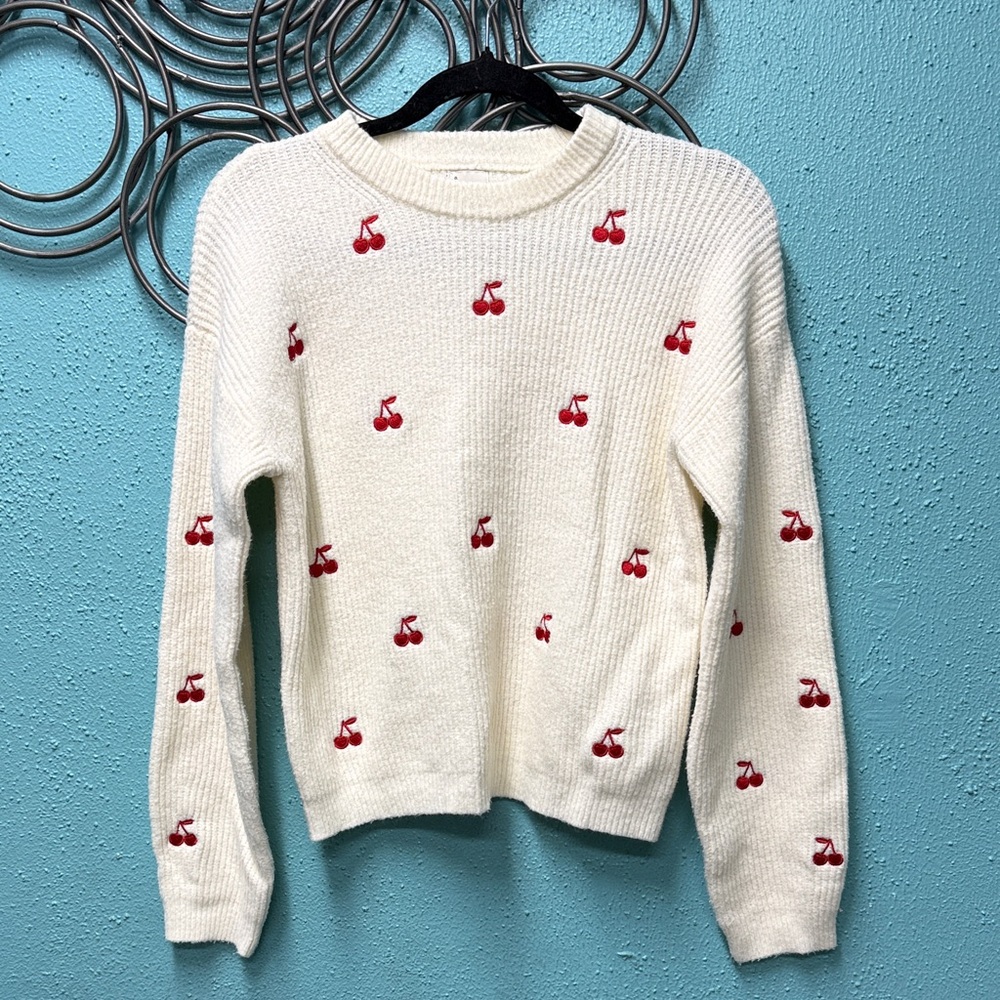 a new day Cream Sweater with Red Cherry Embroidery